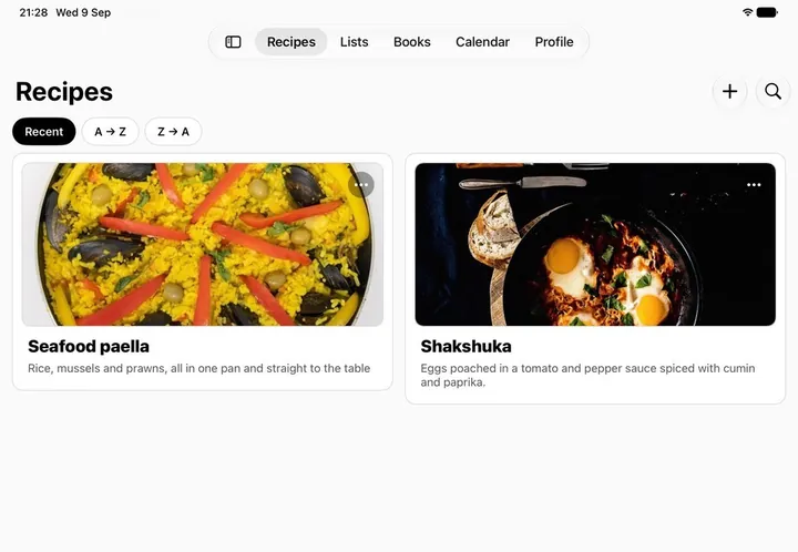 The recipe library on iPad