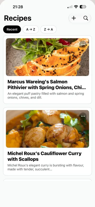 The recipe library on iPhone